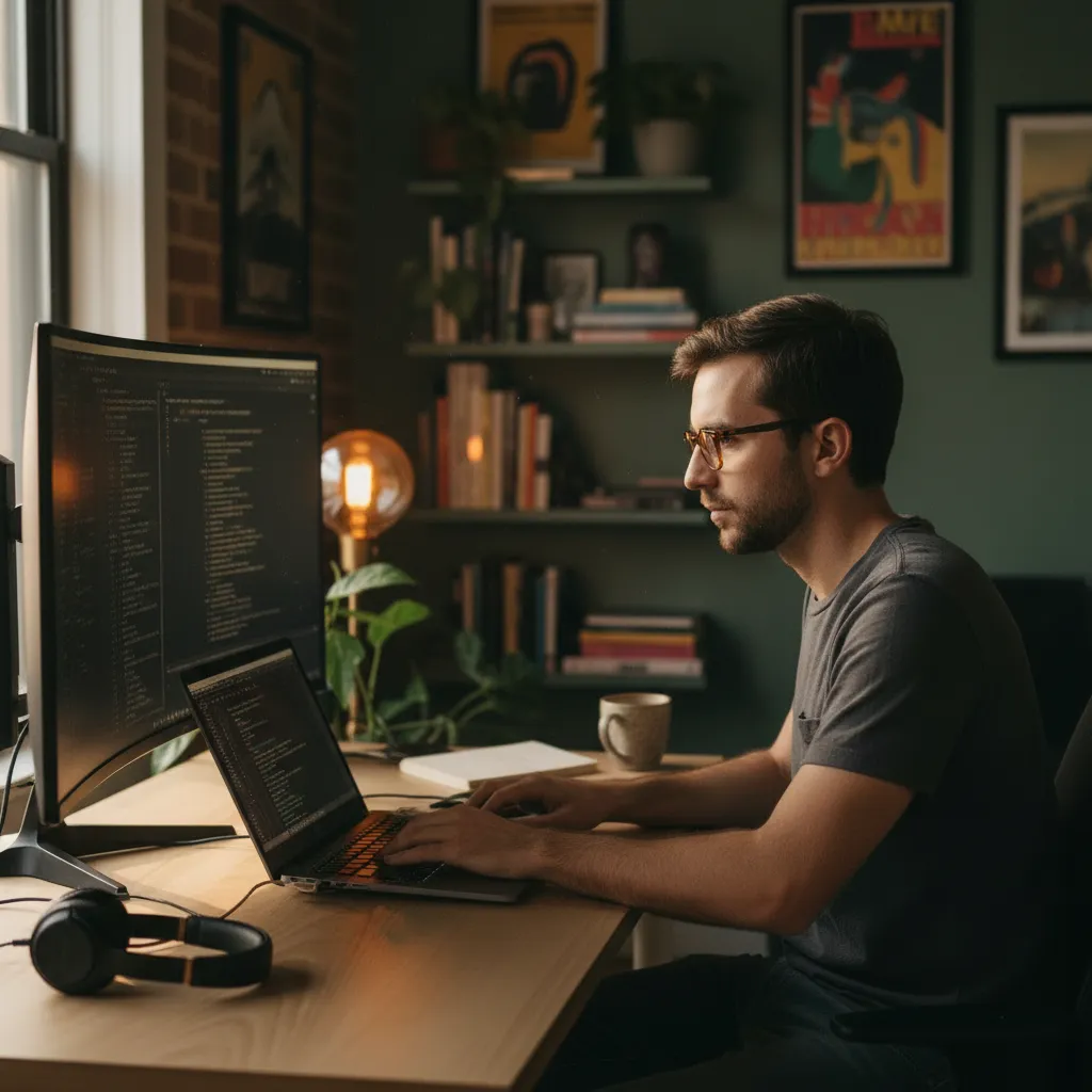 A developer at a desk lit by two monitors